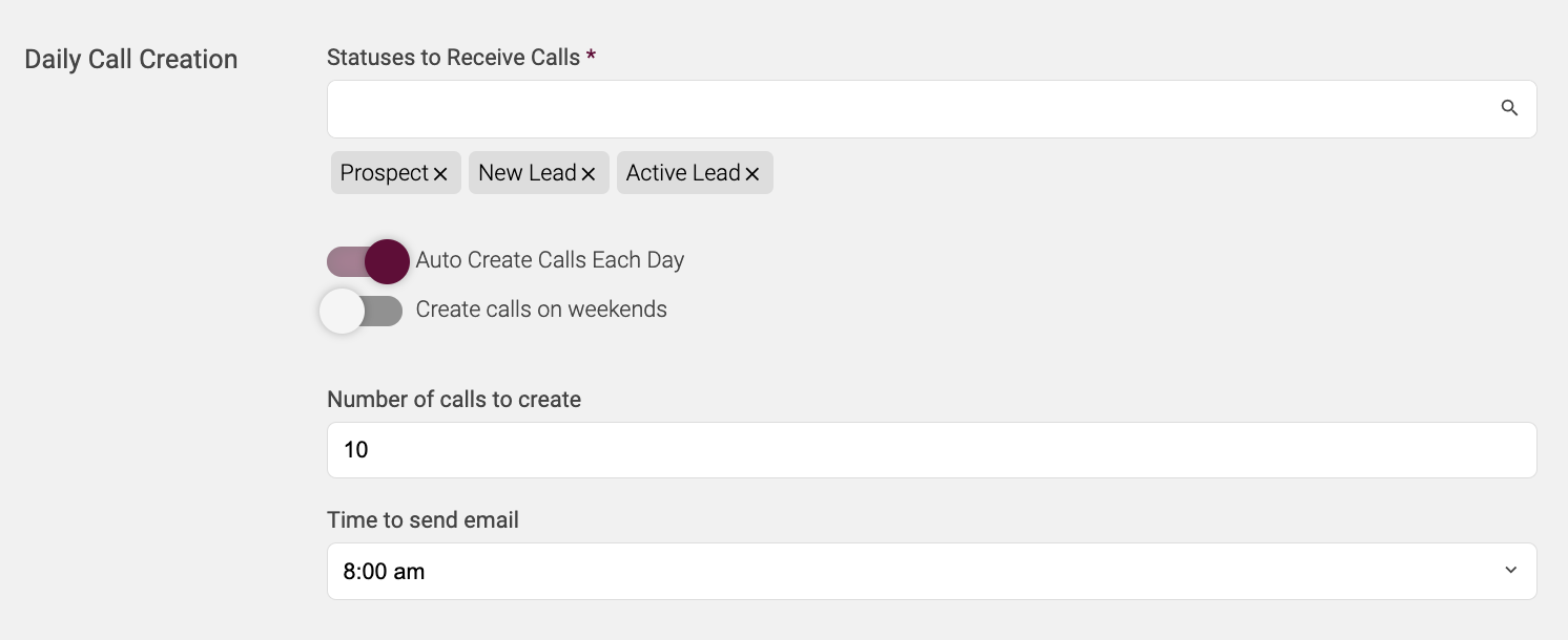 KvCORE daily call settings