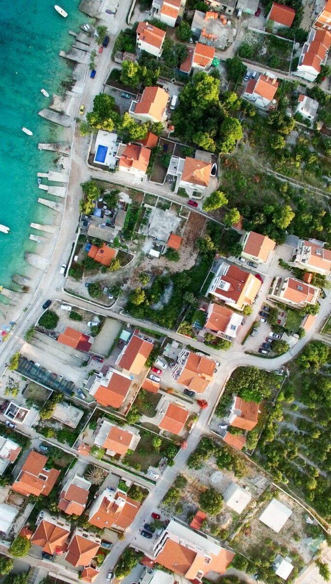 aerial view of waterfront homes