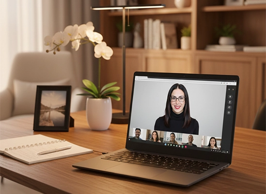 Laptop on a desk with Casey Bryan hosting a webinar on the screen